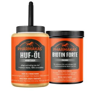 Pharmakas Horse Fitform Huf Vital Set - Biotin Forte Pulver Ergänzungsfuttermittel + Huföl mit Pinsel Kräftiger